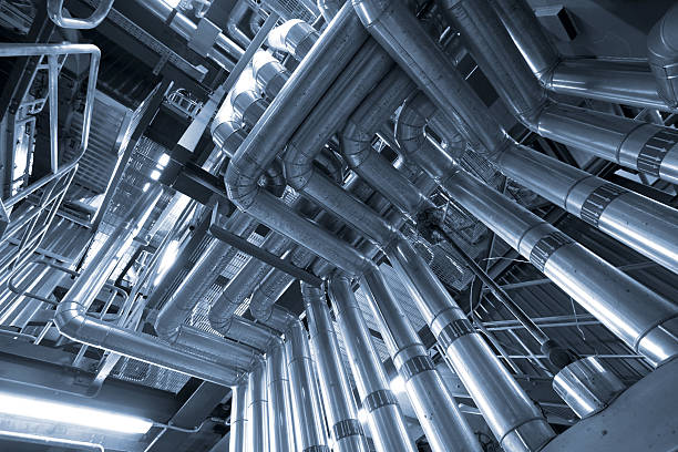 istock Industrial zone, Steel pipelines in blue tones 490185032