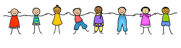 Stick figure kids holding hands Row of happy multi-ethnic kids holding hands.  Feel free to edit this image. kids holding hands stock illustrations