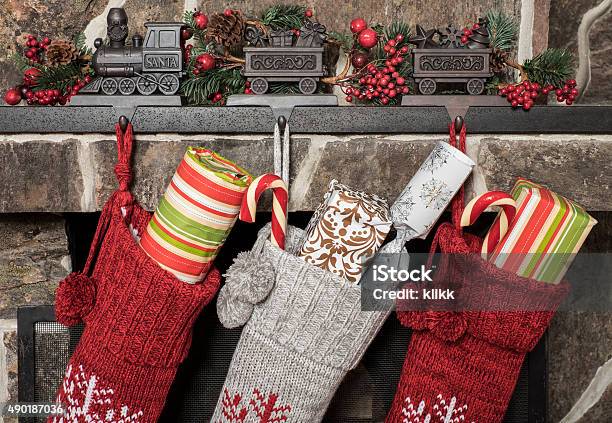 Christmas Stockings Stock Photo - Download Image Now - Christmas Stocking, Christmas, Fireplace