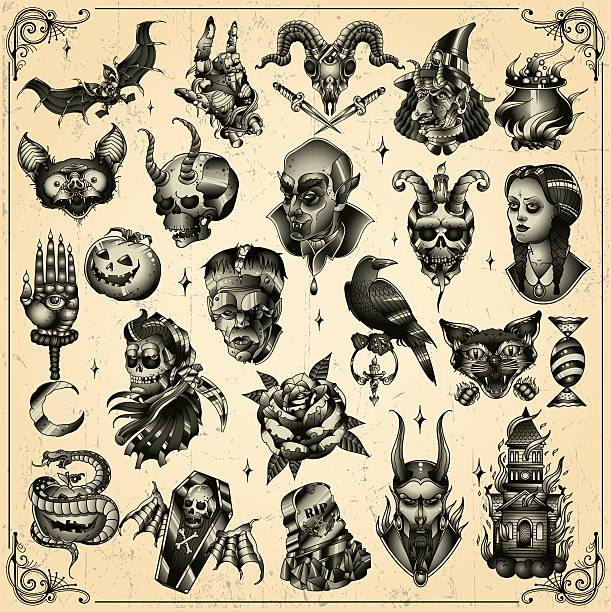 halloween zestaw - skull tattoo vector flower stock illustrations