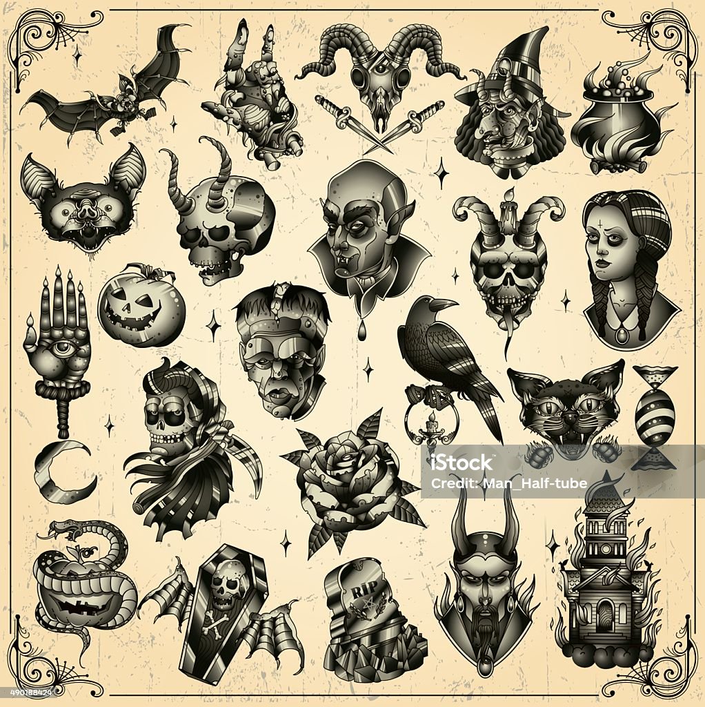 Halloween set Set of spooky halloween characters \ Eps10 \ gradient Tattoo stock vector