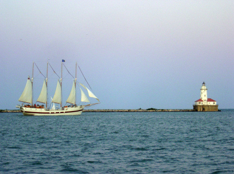 Sailship and lighthouse - Michigan Lake