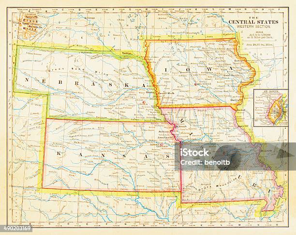 Ilustración de Centro De Estados Unidos Mapa 1883 y más Vectores Libres de Derechos de Mapa - Mapa, Misuri, Kansas