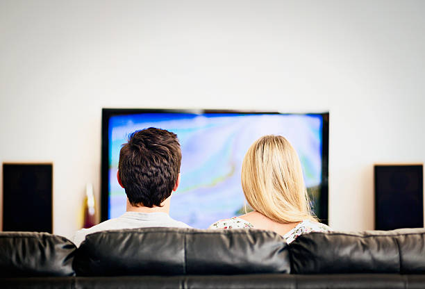 istock Happy home life: backview of young couple watching television 490203753