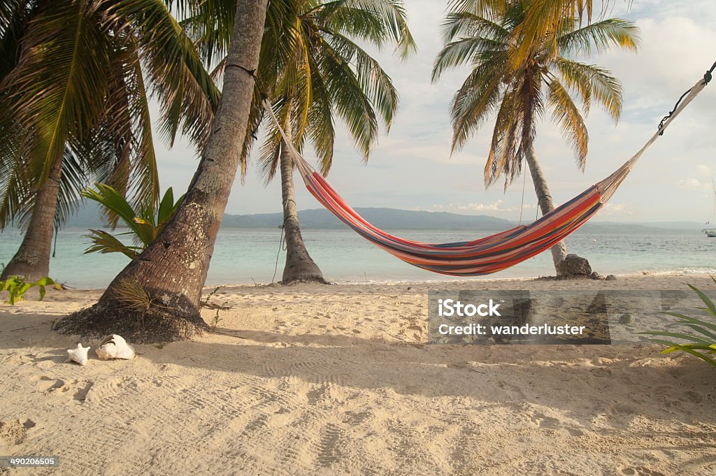 Hammock between palm trees in Kuna Yala, Panama Hammock swaying between palm trees on a deserted beach on Kunidup Island, San Blas (Kuna Yala), Panama Beach Stock Photo