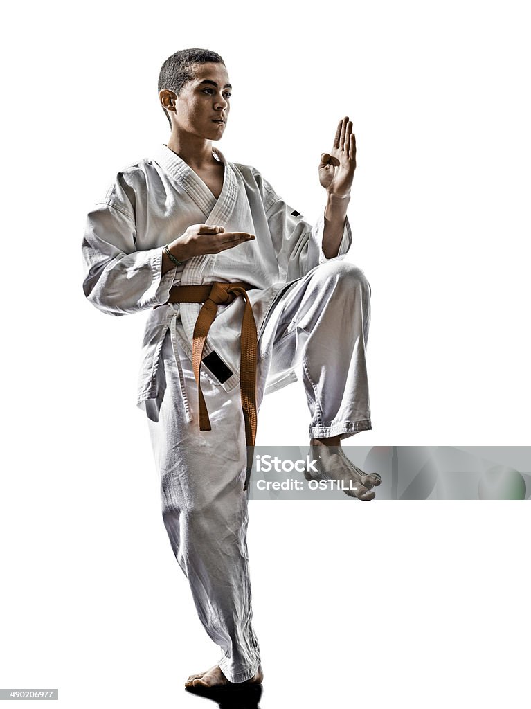 karate teenagers kid one karate kata training teenagers kid isolated on white background Child Stock Photo