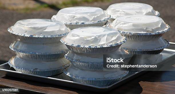 Pies For A Pie Eating Contest Stock Photo - Download Image Now - Table, Sweet Pie, Pie Eating Contest