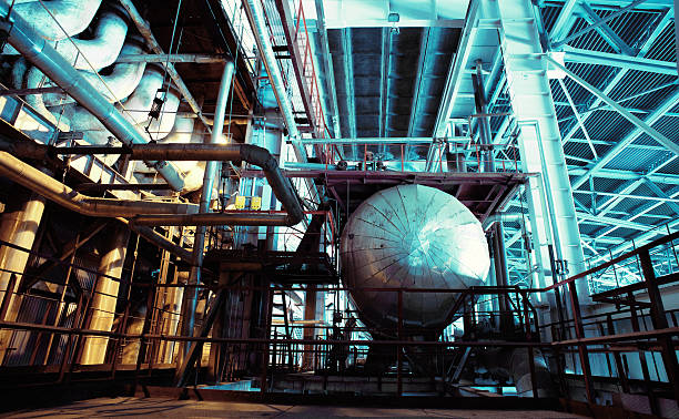 istock Industrial zone, Steel pipelines in blue tones 490212936