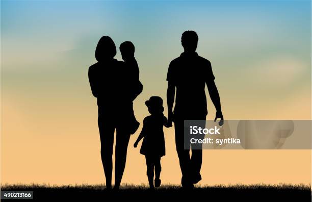 Family Silhouettes In Nature Stock Illustration - Download Image Now - Family, In Silhouette, Walking