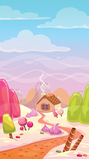 Candy world illustration, vector landscape with sweet elements, vertical background