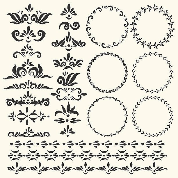 набор векторных декоративная круглая оправа и элементов - spiral plant attribute style invitation stock illustrations