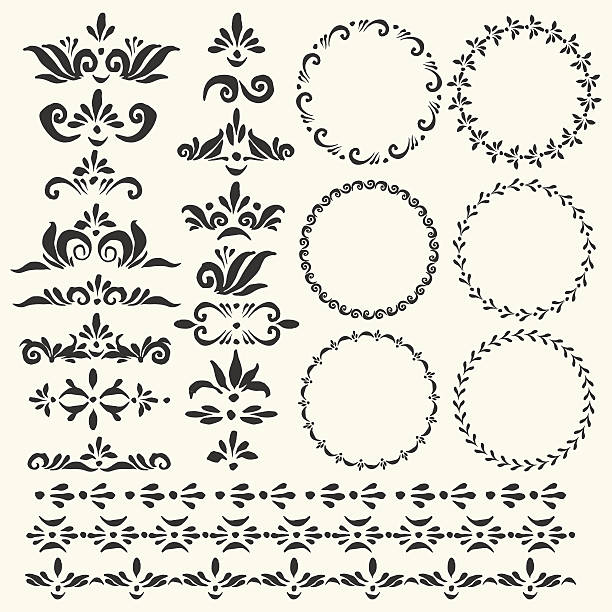 Set of vector decorative round frames and elements Set of vector decorative elements and pattern brushes for illustrator. Round frames with hand drawn ornamental strokes, headers and corners. Cute black wreaths and srtipe ornaments. arabic style stock illustrations
