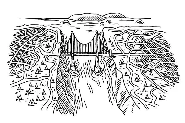 Vector illustration of Bridge Connecting Two Cities Drawing