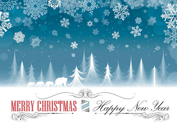 Christmas seasonal greeting card Vector illustration greetings of a Christmas winter scene with fir trees, bears, snowflakes and twinkling stars.Clipping path, gradient and transparencies used on file.File contain EPS10 and large JPEG.  christmas card photos stock illustrations