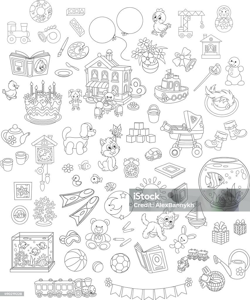 Toys, animals and books Set of funny vector toys, pets, gifts and other objects on a white background Dollhouse stock vector