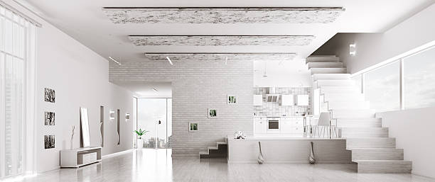 istock Interior of modern white apartment panorama 490220758
