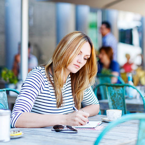 istock Woman drinking coffee and writing notes in cafe 490221150