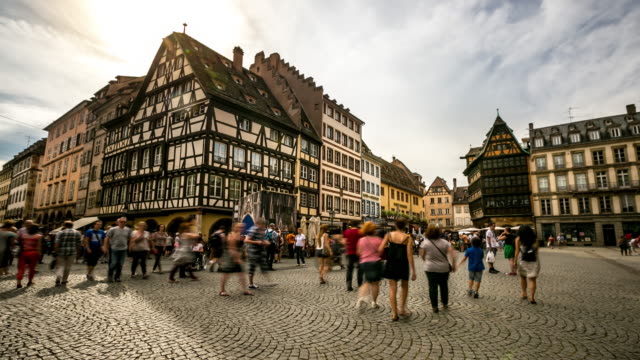 4K Time-lapse: Pedestrian crowded Cathedrale Notre Dame Square Strasbourg France