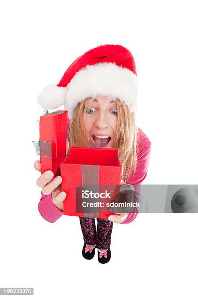 Fisheye Woman In Pajamas On Christmas Morning Stock Photo - Download Image Now - Christmas, Fish-Eye Lens, People