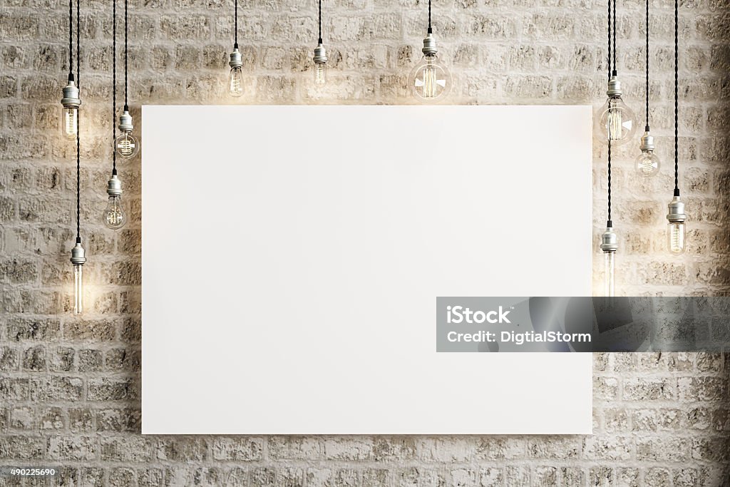 Mock up poster with ceiling lamps and a rustic brick Mock up poster with ceiling lamps and a rustic brick background, Photo realistic 3d illustration. Artist's Canvas Stock Photo