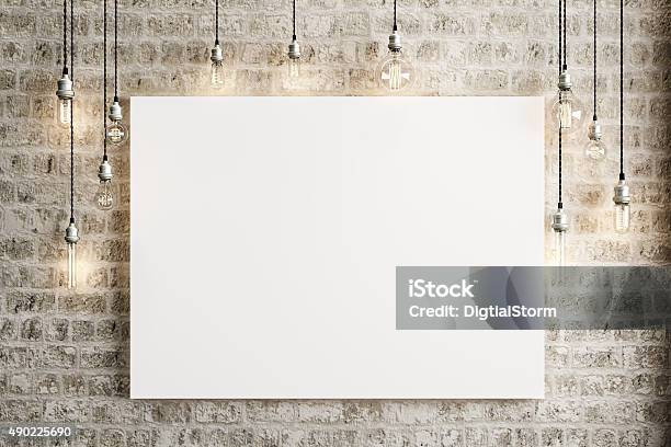 Mock Up Poster With Ceiling Lamps And A Rustic Brick Stock Photo - Download Image Now