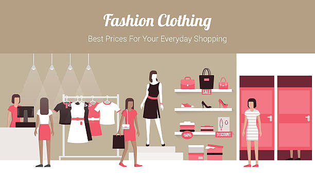 ilustraciones, imágenes clip art, dibujos animados e iconos de stock de tienda de ropa de moda - consumption level illustrations
