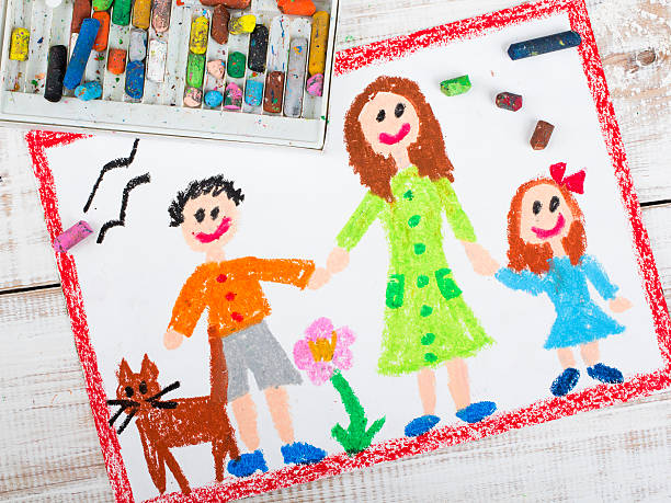 istock oil pastels drawing: single mother and kids 490226156