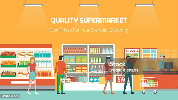 Vetores de Pessoas Compras No Supermercado e mais imagens de Supermercado - Supermercado, Loja, Fazer Compras