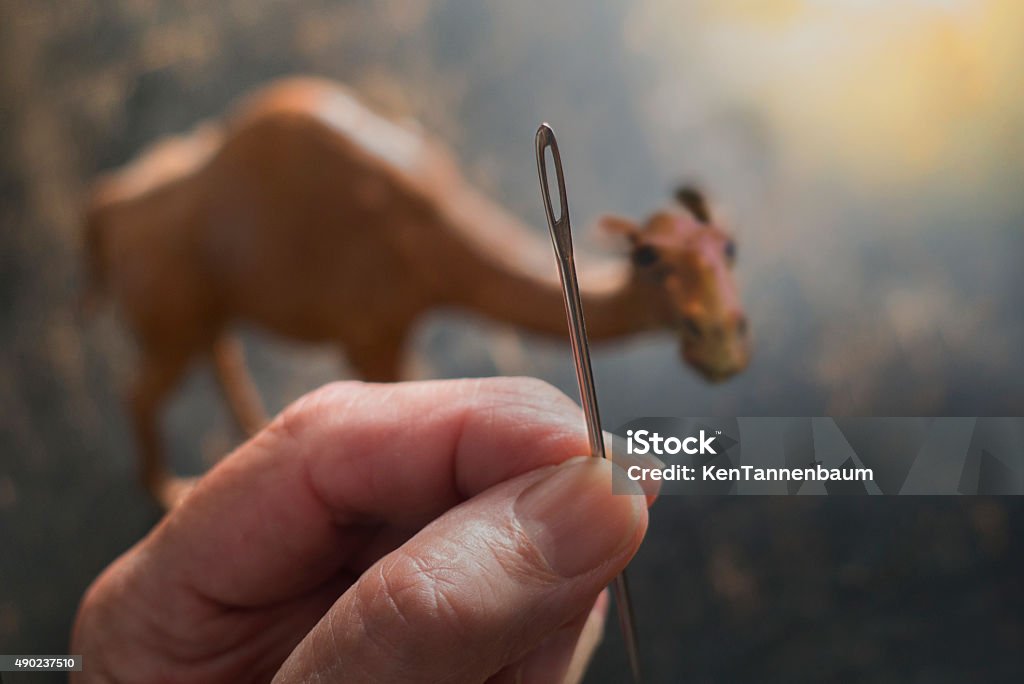 eye of needle and camel Matthew 19:34 Bible quote about wealth Sewing Needle Stock Photo