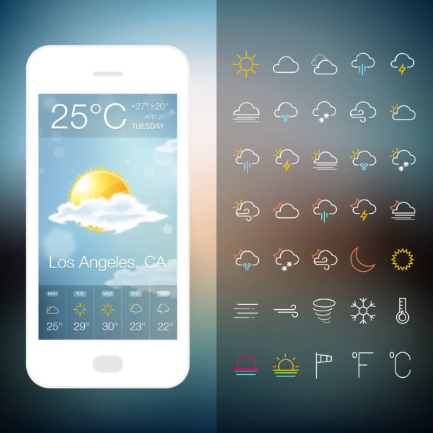 ilustraciones, imágenes clip art, dibujos animados e iconos de stock de clima aplicación móvil con el icono de conjunto - cloud drawing heat cold