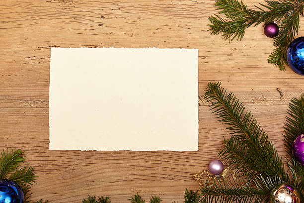 istock Fir twigs, baubles and blank card on wood 490240586