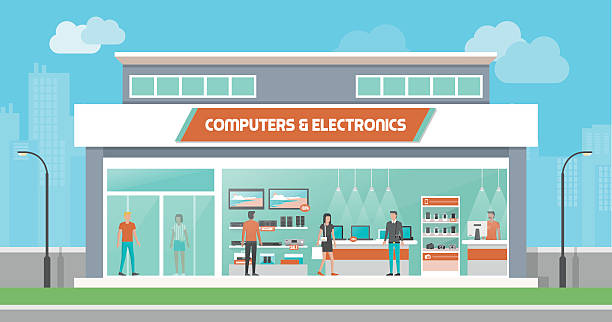 Computers and electronics store Computers and electronics store building and interior, laptops mobile phones and television screens showcase and customers buying products home cinema system stock illustrations
