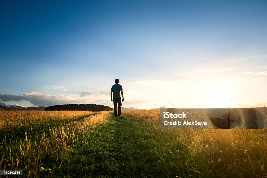 Homme qui marche seul sur une prairie verdoyante au coucher du soleil - Photo de Marcher libre de droits