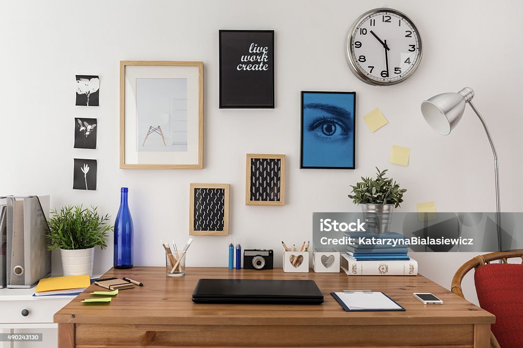 Laptop on the desk Laptop on the desk in modern office Wall - Building Feature Stock Photo