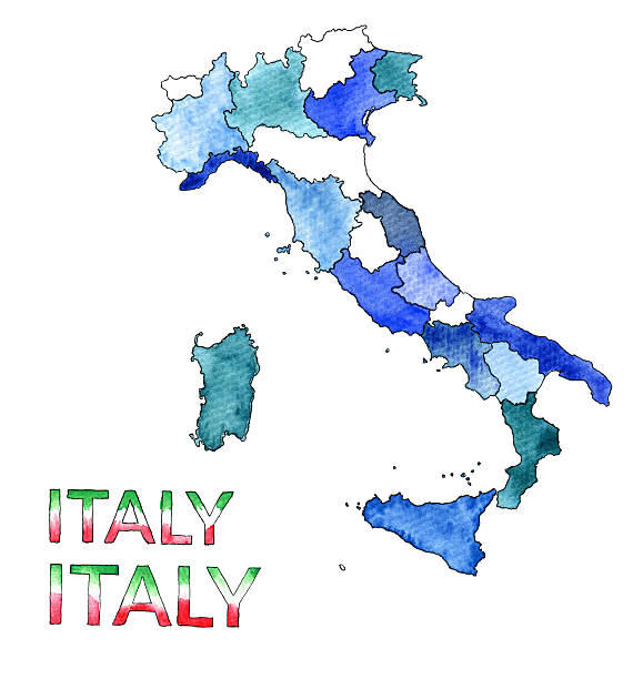 Watercolor map of Italy. Mappa delle regioni Italia Regions map of Italy. Mappa delle regioni Italia colore watercolor italie stock illustrations