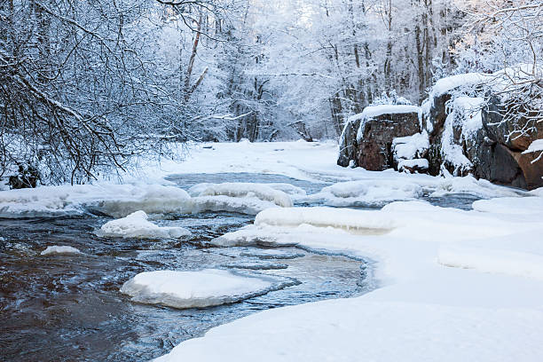 istock River with snow and ice in the winter woods 490245402