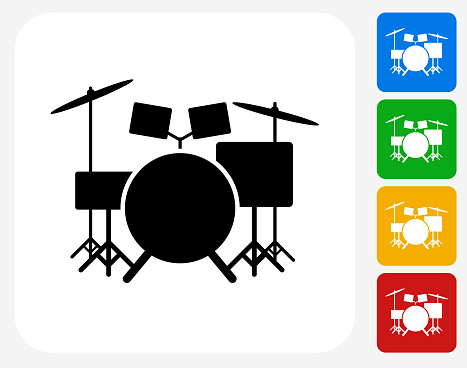 Drums Instrument Icon. This 100% royalty free vector illustration features the main icon pictured in black inside a white square. The alternative color options in blue, green, yellow and red are on the right of the icon and are arranged in a vertical column.