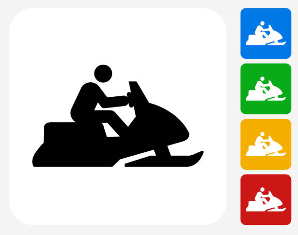 illustrazioni stock, clip art, cartoni animati e icone di tendenza di icona di design piatto con gatto delle nevi - snowmobiling silhouette vector sport