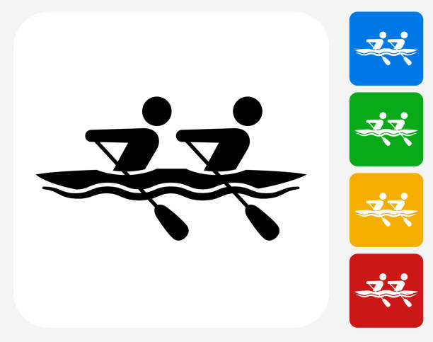 Rowing Icon Flat Graphic Design Rowing Icon. This 100% royalty free vector illustration features the main icon pictured in black inside a white square. The alternative color options in blue, green, yellow and red are on the right of the icon and are arranged in a vertical column. rowing stock illustrations