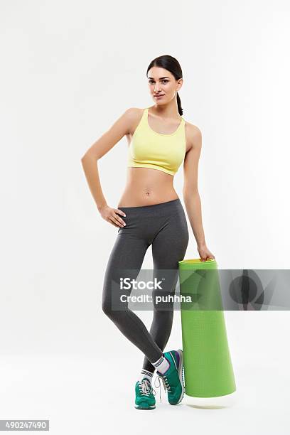 Fitness Woman Portrait Isolated On White Background Happy Femal Stock Photo - Download Image Now