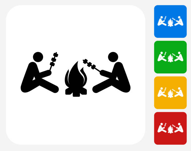 Two People Next to Campfire Icon Flat Graphic Design Two People Next to Campfire Icon. This 100% royalty free vector illustration features the main icon pictured in black inside a white square. The alternative color options in blue, green, yellow and red are on the right of the icon and are arranged in a vertical column. celebrity roast stock illustrations