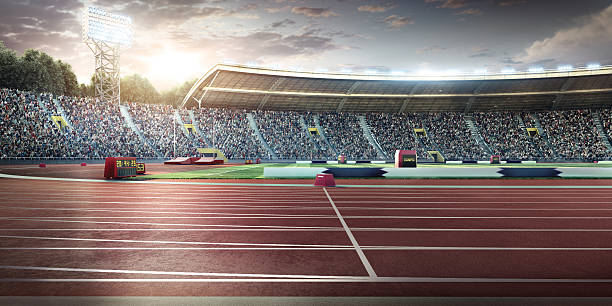 stadium with running tracks Sunny sport stadium with crowds of people at the background. On behind the stadium are green trees. The image was made in 3d. image created 21st century blue architecture wide angle lens stock pictures, royalty-free photos & images
