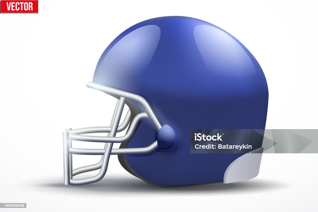 Realistic American football helmet. Side view Realistic Blue American football helmet with reflex. Equipment sport illustration. Side view. Vector Isolated on white background. Football Helmet stock vector