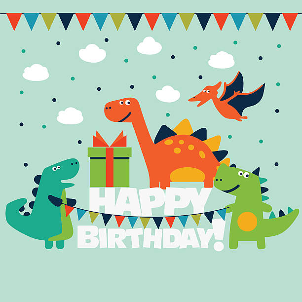 illustrazioni stock, clip art, cartoni animati e icone di tendenza di buon compleanno-bella divertente carta vettoriale con i dinosauri - baby congratulating toy birthday