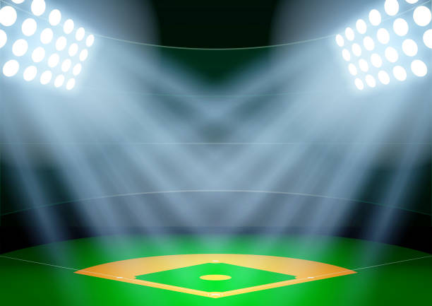 hintergrund für poster nacht baseball stadium im scheinwerferlicht - baseball player flash stock-grafiken, -clipart, -cartoons und -symbole