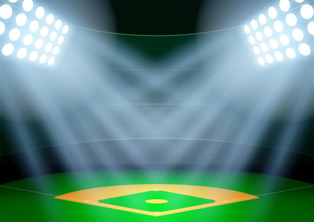 illustrazioni stock, clip art, cartoni animati e icone di tendenza di sfondo di poster di notte stadio di baseball sotto i riflettori - baseball stadium fan sport