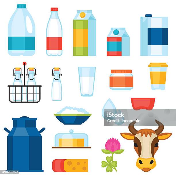 Milk Set Of Dairy Products And Objects Stock Illustration - Download Image Now - 2015, Agriculture, Alcohol - Drink