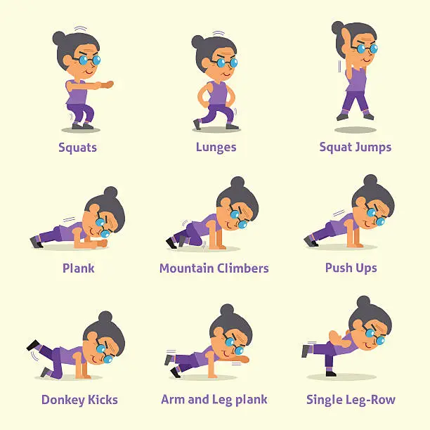 Vector illustration of Set of old woman doing exercises for health and fitness