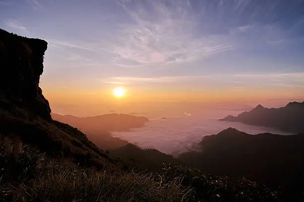 The morning mist sunrise at Phu Chi Fah Muang Chiang Rai Province Thailand.