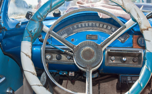 An inside look at a 1957 Blue Chevrolet in Havana Cuba. Shot taken Jan. 2014